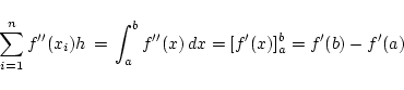 \begin{displaymath}\sum_{i=1}^{n}f''(x_i)h  =  \int_{a}^{b}f''(x) dx=[f'(x)]_{a}^{b}=
f'(b)-f'(a)\end{displaymath}