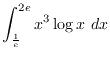 $\displaystyle{\int_{\frac{1}{e}}^{2e} x^3\log x~dx}$