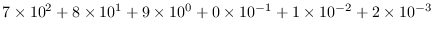 $7\times 10^2 + 8\times 10^1 + 9\times 10^0 + 0\times 10^{-1}
+1\times 10^{-2}+2\times 10^{-3}$